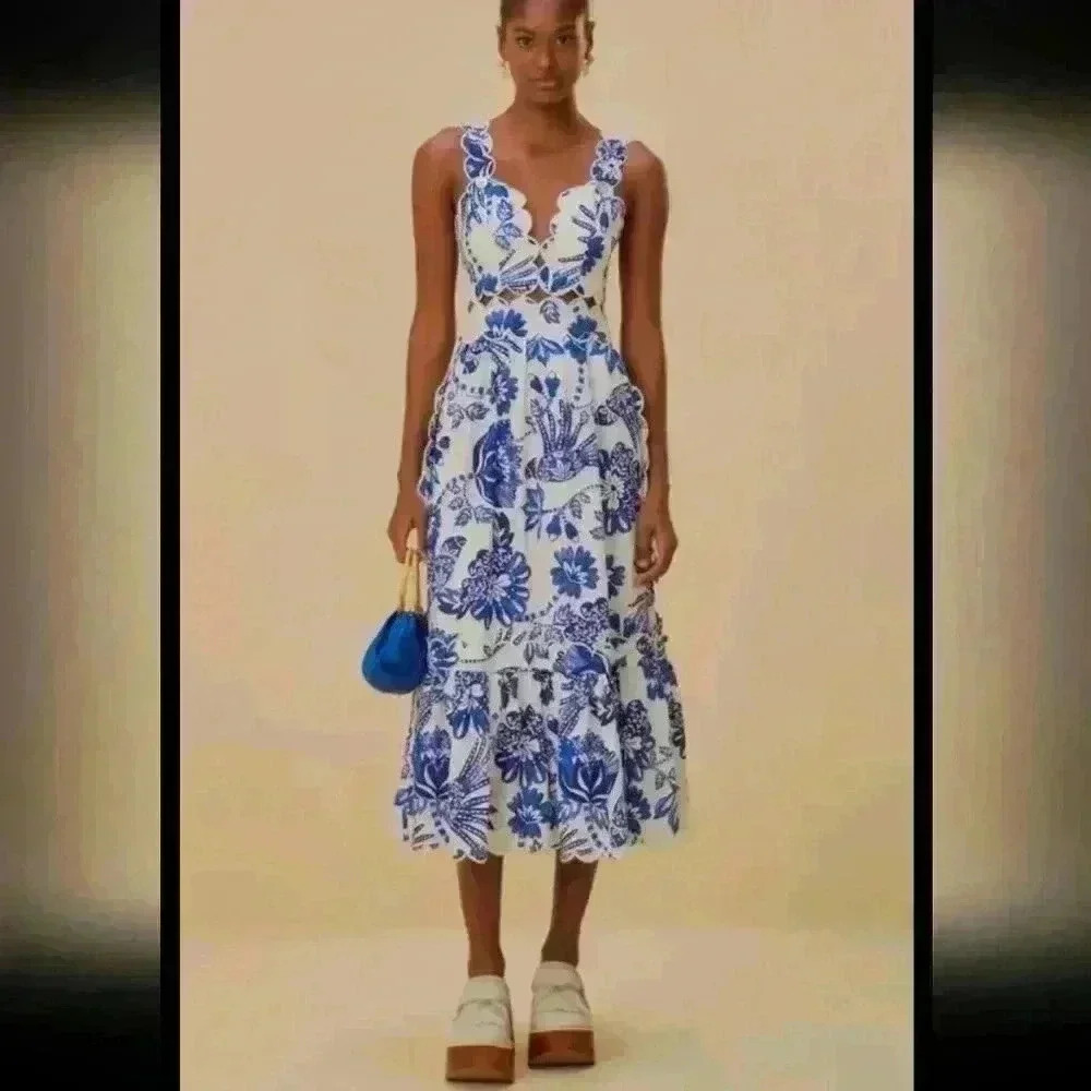 FARM Rio White and Blue Floral Midi Dress